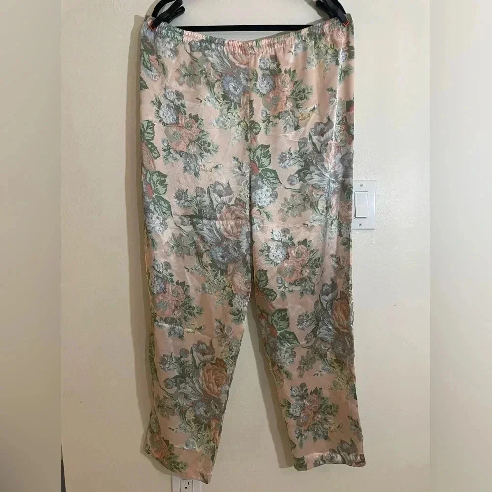 Vintage Victoria’s Secret Pajama Pants Pink Floral Satin Stretch Waist Size Med